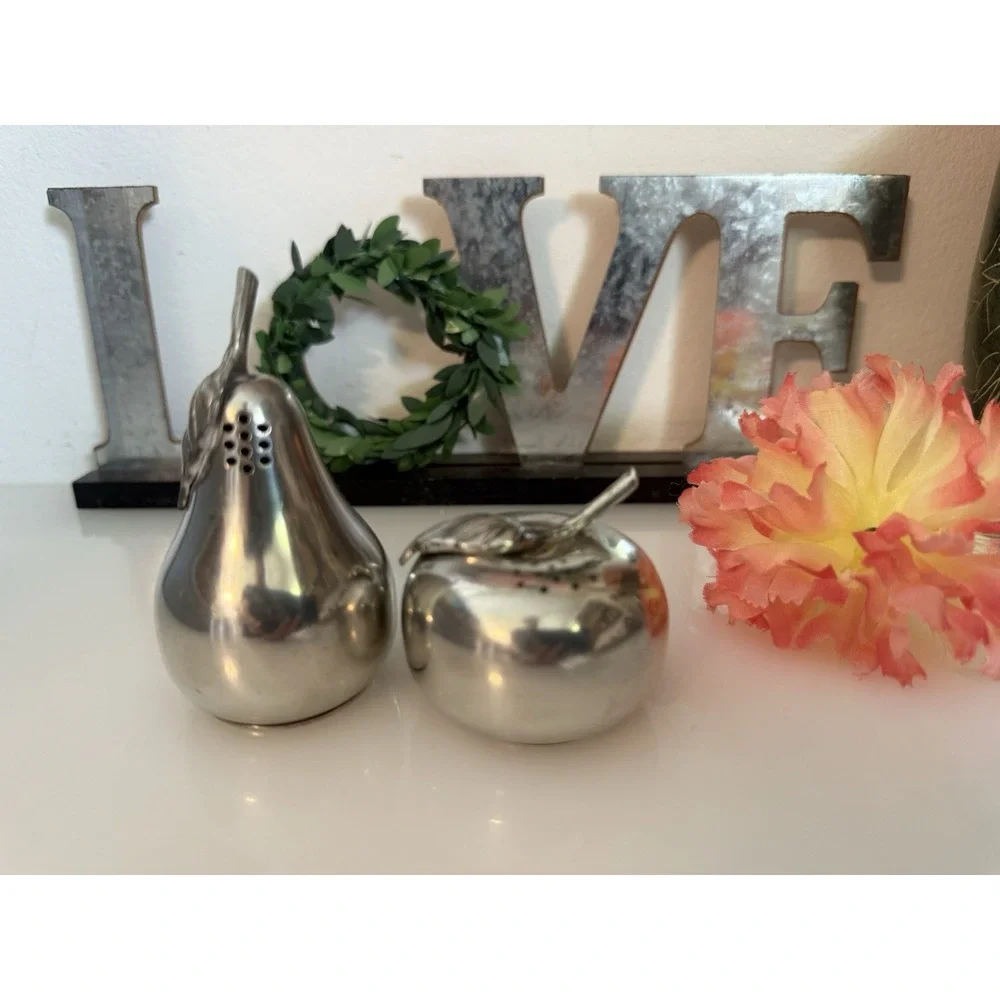 Vintage Kirk Stieff Lenox Pewter Apple & Pear Salt‎ & Pepper Shakers Fruit EUC